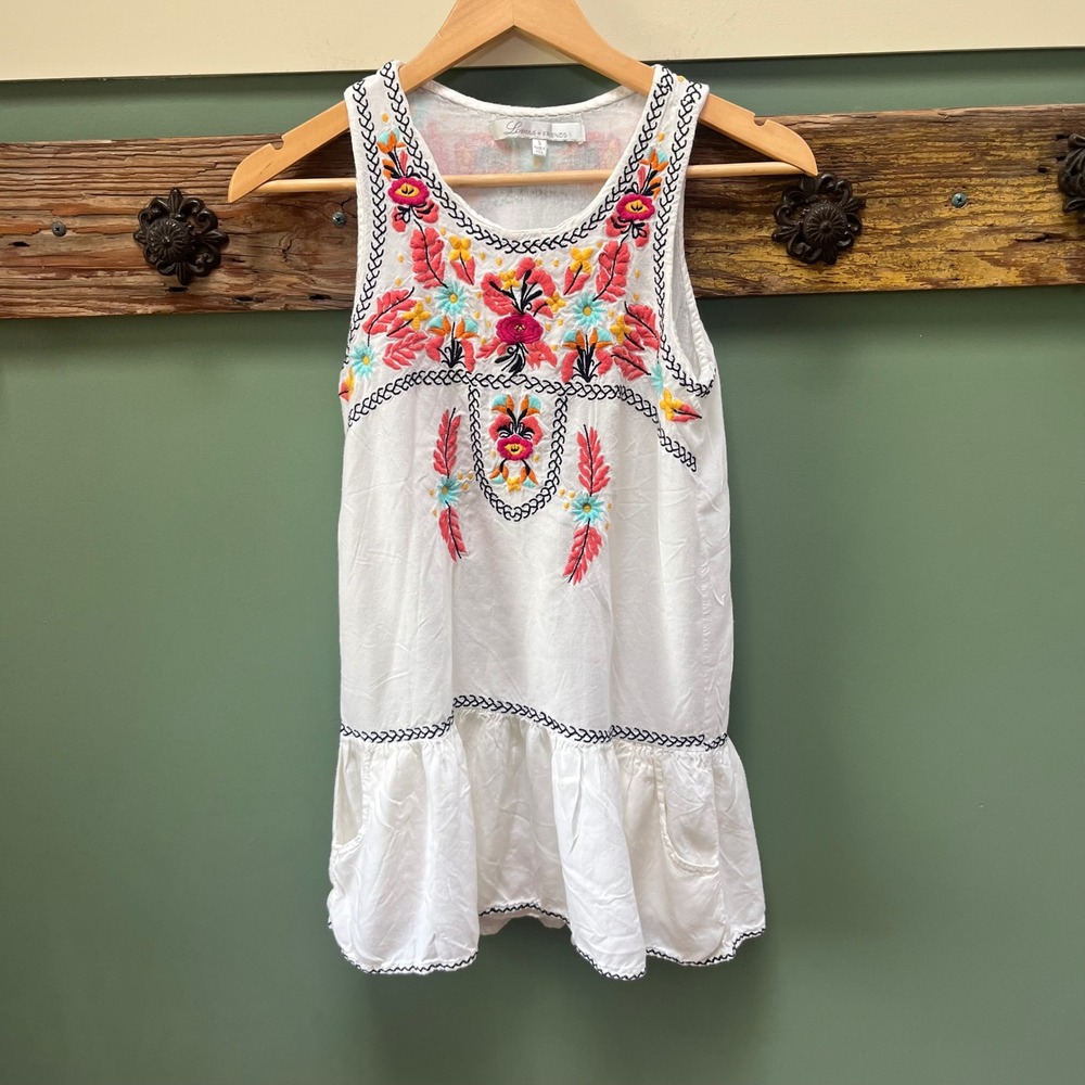 Lovers + Friends White Embroidered Boho Ruffle‎ Baby Doll Drop Waist Dress Sz. S